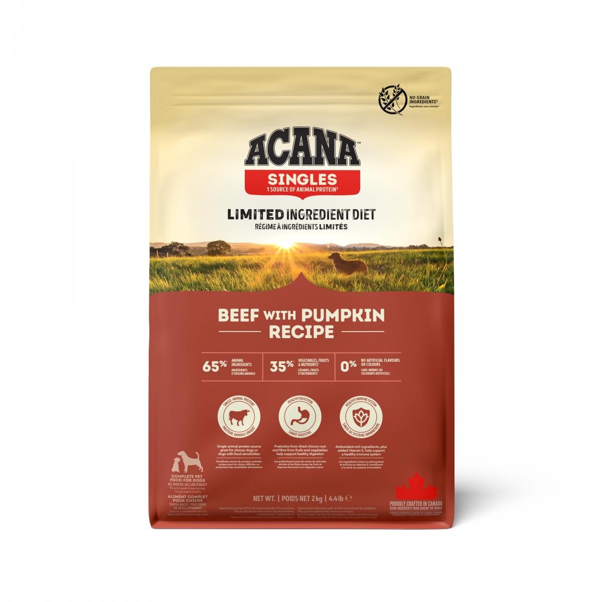 Verpakking Acana Singles Beef & Pumpkin droogvoer voor honden 2 kg