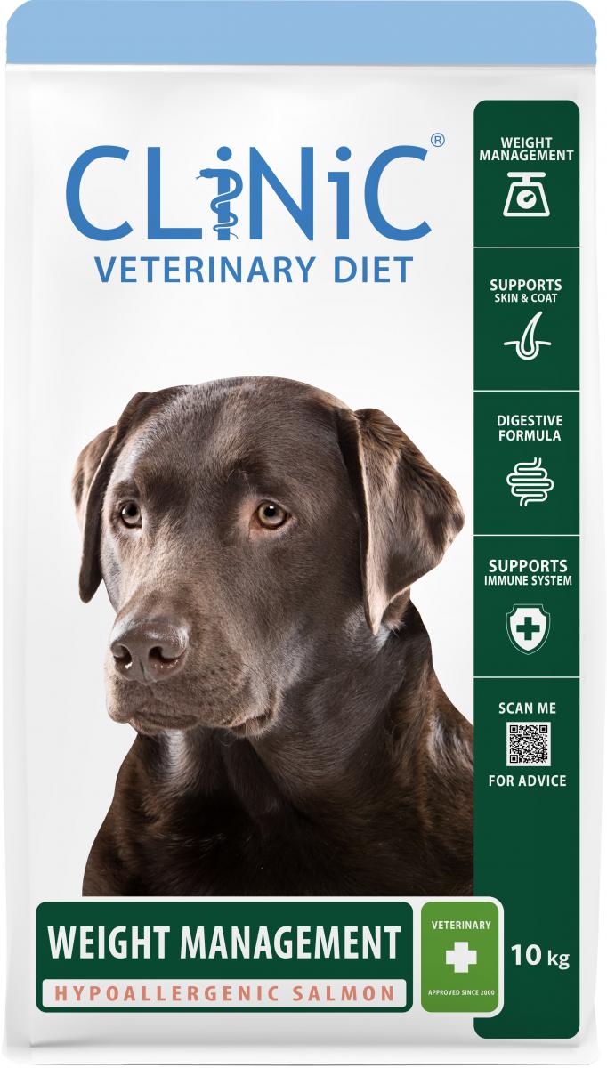 CLiNiC Veterinary Diet Weight Management Zalm – 10 kg hondenvoer verpakking