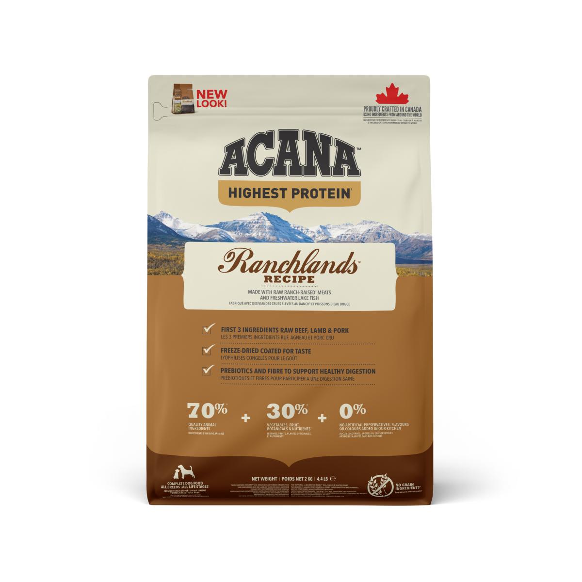 Verpakking Acana Highest Protein Ranchlands droogvoer voor honden 2 kg