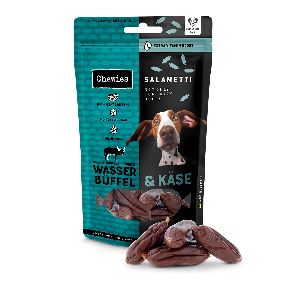 Chewies Salametti Waterbuffel & Kaas 60 g – productverpakking