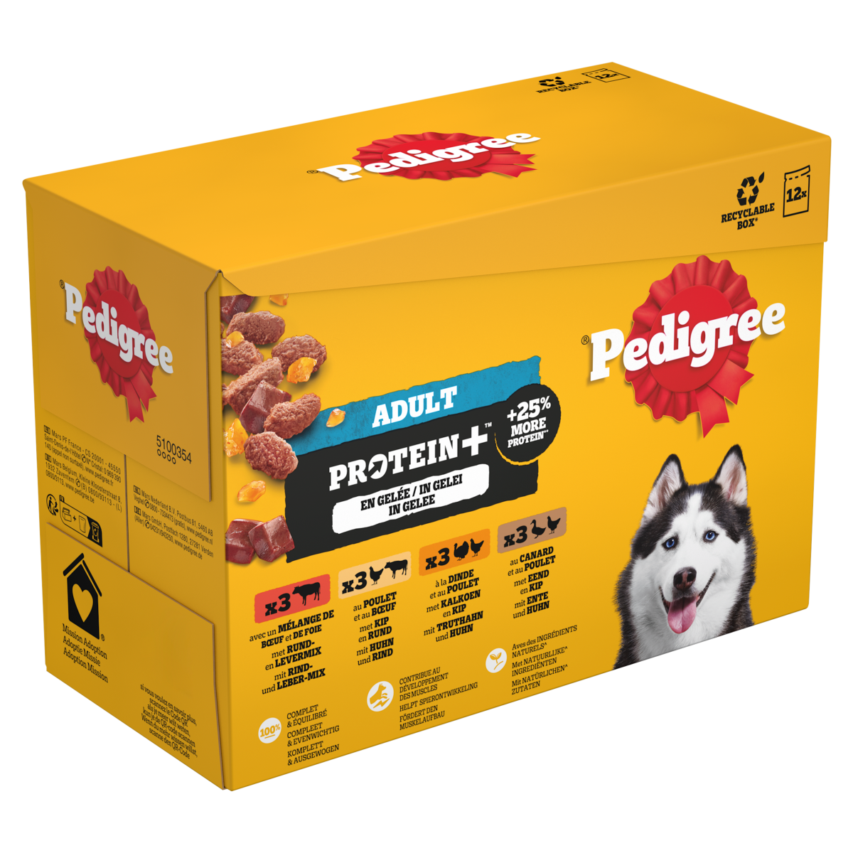Pedigree Adult Protein+ Selectie in Gelei 12 × 85 g – productverpakking