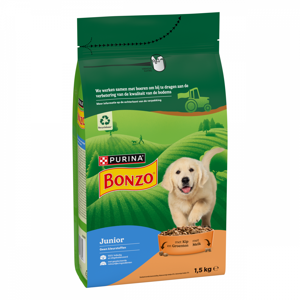 Bonzo Junior Kip, Groenten & Melk 1,5 kg – Bonzo droogvoer verpakking
