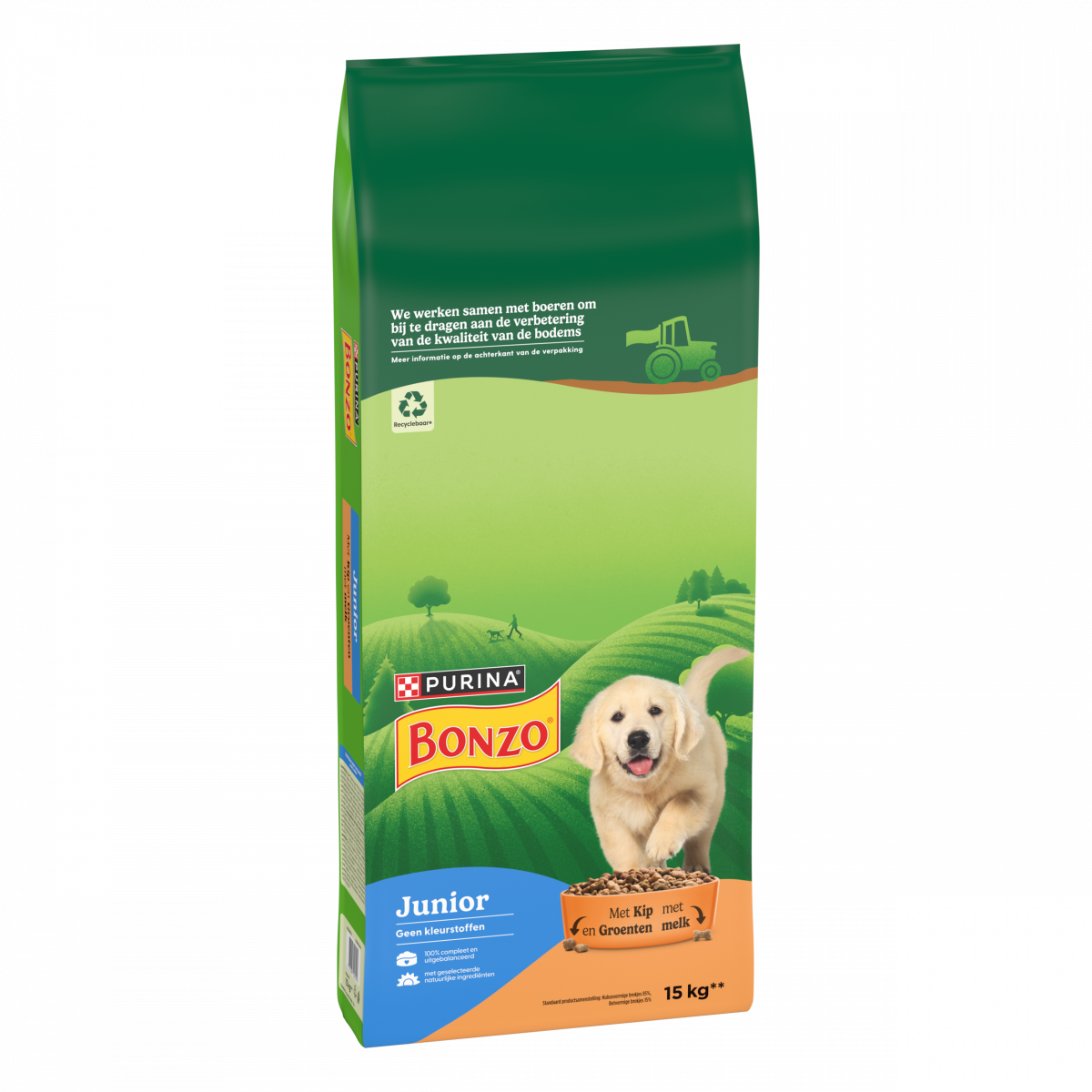 Bonzo Junior Kip, Groenten & Melk 15 kg – Bonzo droogvoer verpakking