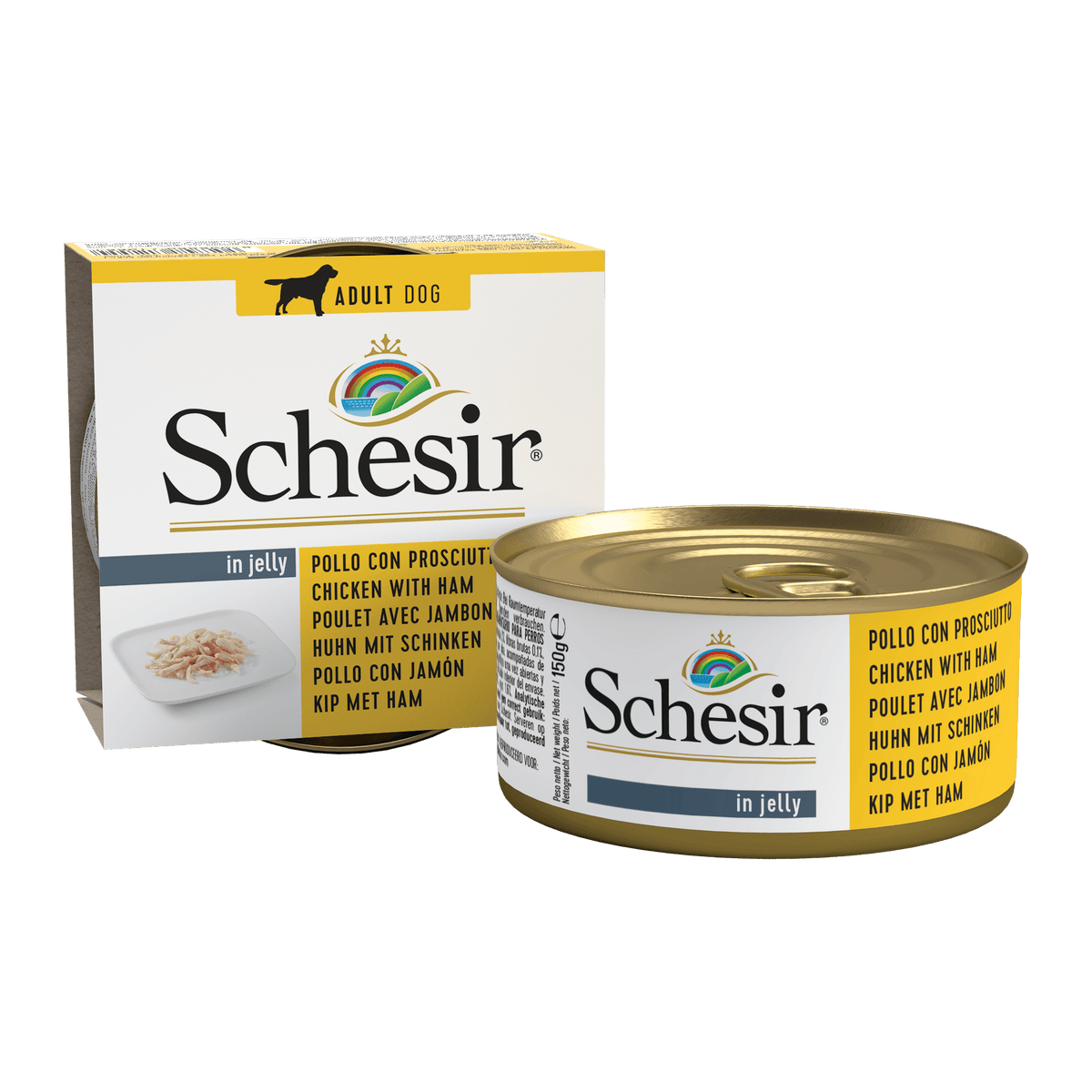 Schesir hond blik gelei kip&ham 150gr, 150 g