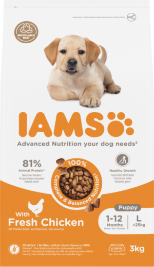 IAMS Puppy & Junior Large Breed kip – 3 kg hondenbrokken verpakking