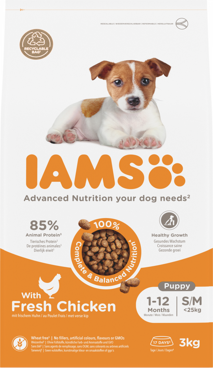 IAMS Puppy & Junior Small/Medium kip – 3 kg hondenbrokken verpakking
