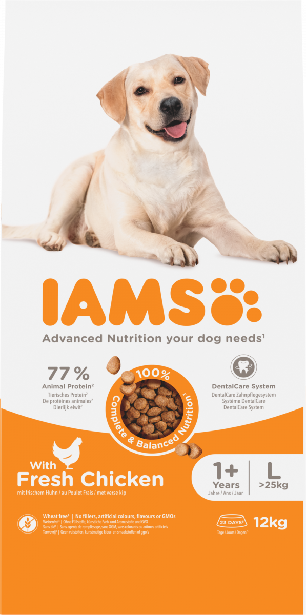 IAMS Adult Large Breed kip – 12 kg hondenbrokken verpakking