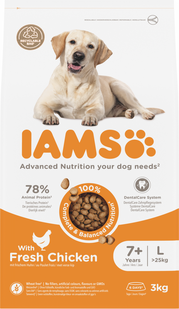 IAMS Senior Large Breed kip – 3 kg hondenbrokken verpakking