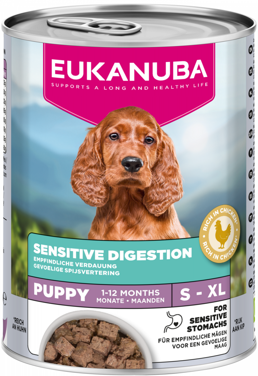 Verpakking Eukanuba Sensitive Digestion natvoer voor puppy’s, 400 g
