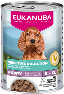 Verpakking Eukanuba Sensitive Digestion natvoer voor puppy’s, 400 g