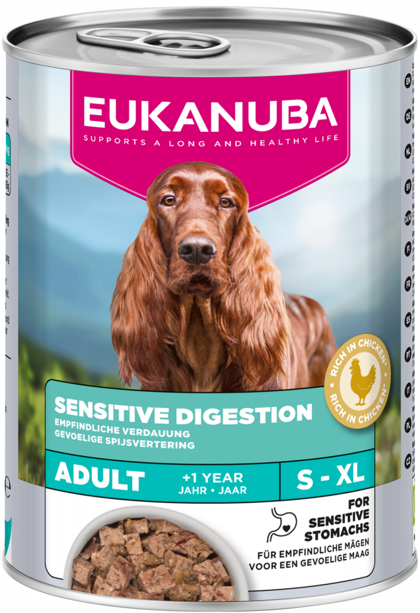 Verpakking Eukanuba Sensitive Digestion natvoer voor volwassen honden, 400 g