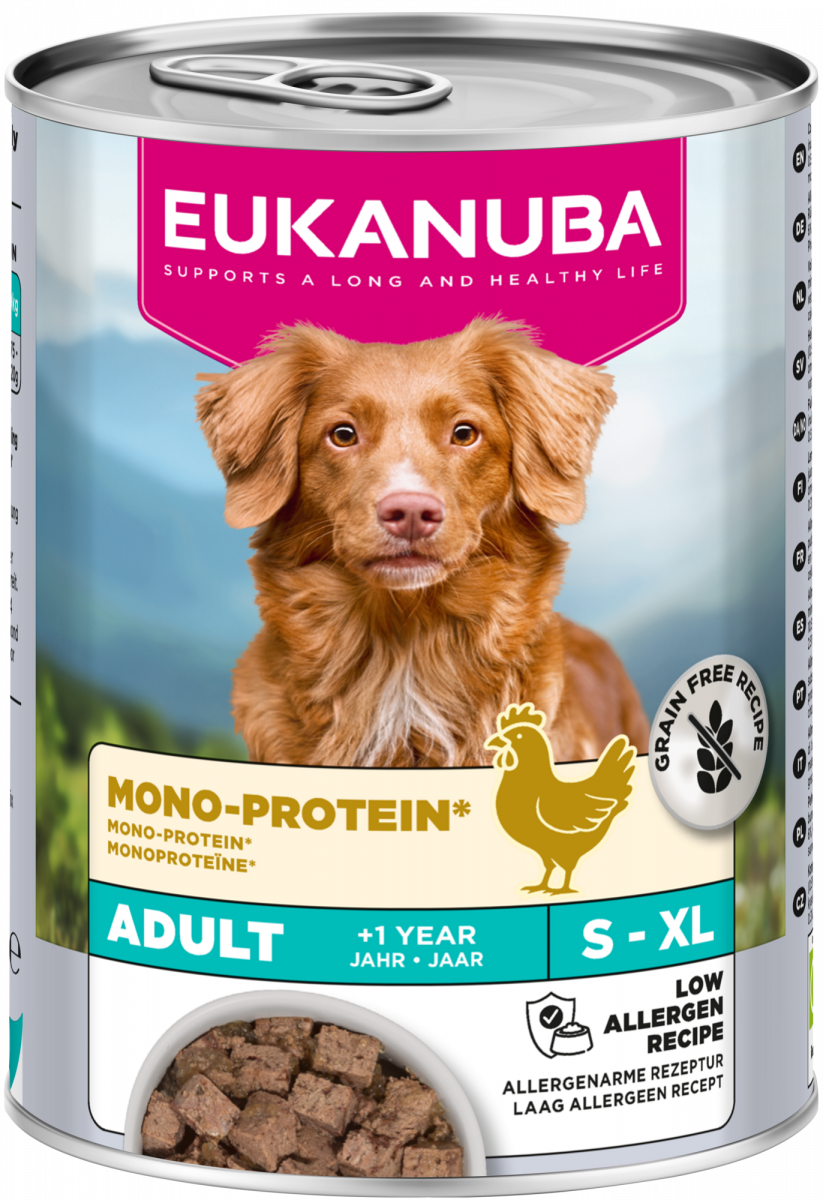 Verpakking Eukanuba Mono-Protein Kip natvoer voor volwassen honden, 400 g