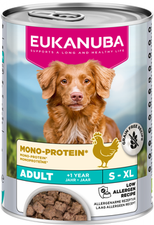 Verpakking Eukanuba Mono-Protein Kip natvoer voor volwassen honden, 400 g