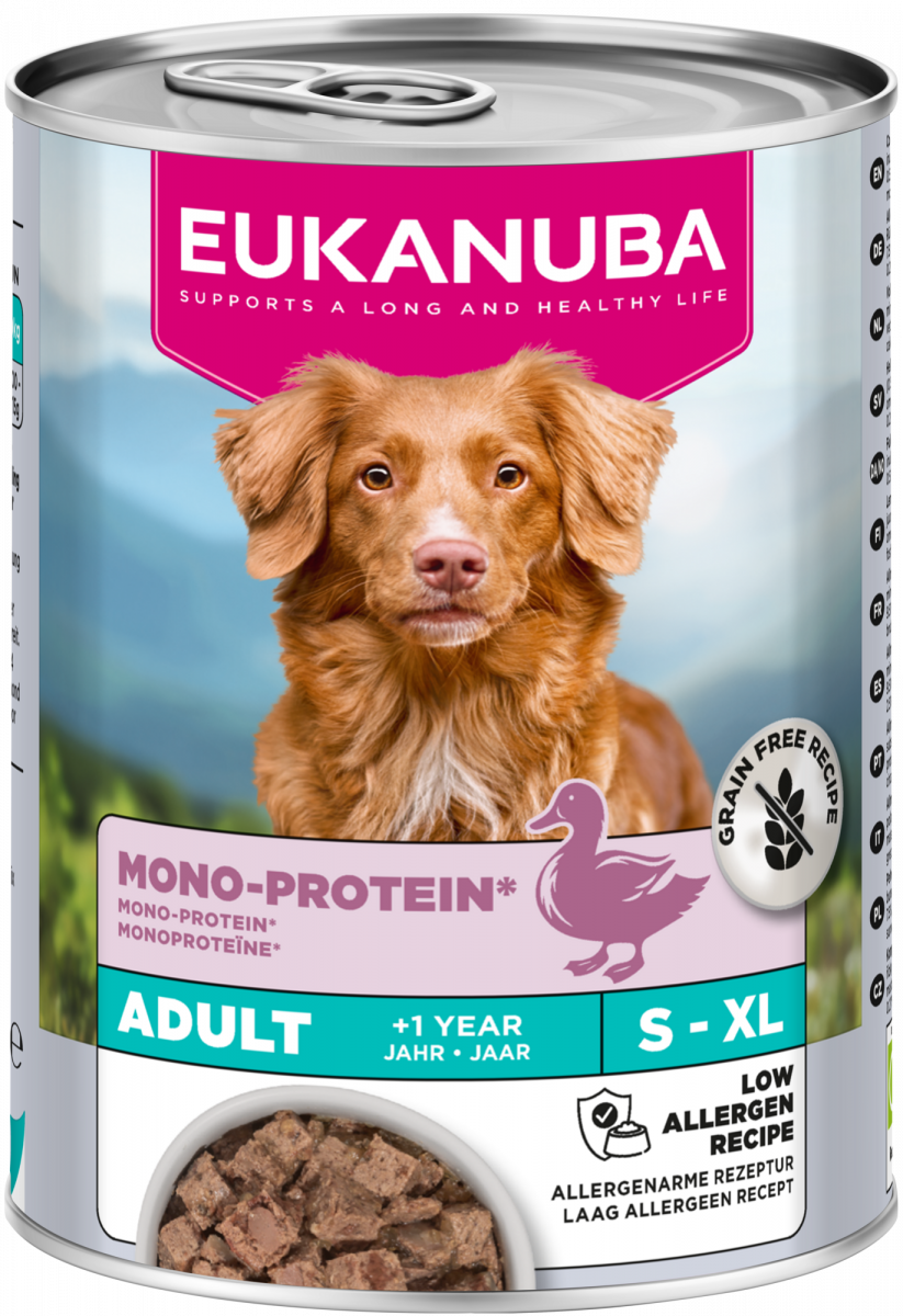 Verpakking Eukanuba Mono-Protein Eend natvoer voor volwassen honden, 400 g