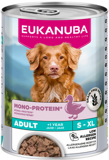 Verpakking Eukanuba Mono-Protein Eend natvoer voor volwassen honden, 400 g