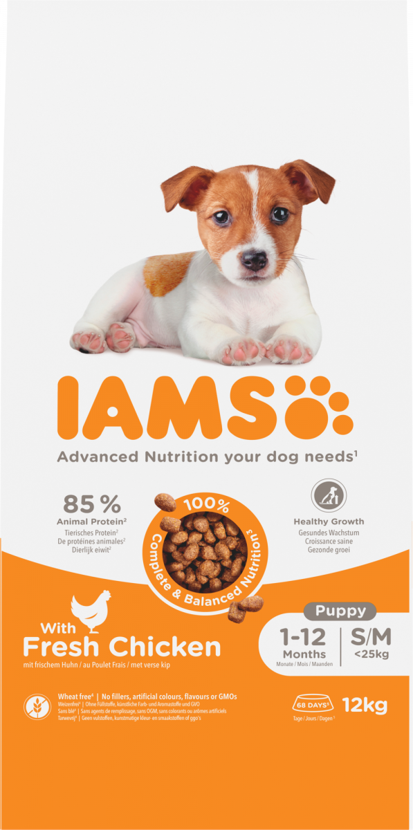 IAMS Puppy & Junior Small/Medium kip – 12 kg hondenbrokken verpakking
