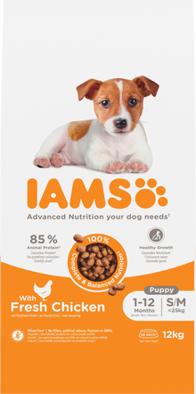 IAMS Puppy & Junior Small/Medium kip – 12 kg hondenbrokken verpakking