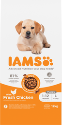 IAMS Puppy & Junior Large Breed kip – 12 kg hondenbrokken verpakking