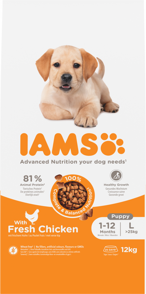 IAMS Puppy & Junior Large Breed kip – 12 kg hondenbrokken verpakking