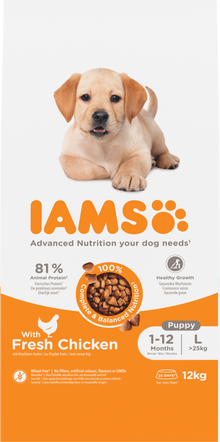 IAMS Puppy & Junior Large Breed kip – 12 kg hondenbrokken verpakking