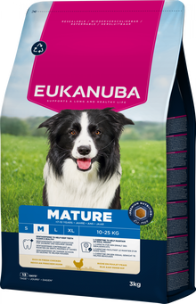Verpakking van Eukanuba Life Care Mature Medium Hondenvoer Kip 3 kg