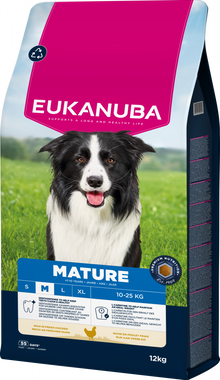 Verpakking van Eukanuba Life Care Mature Medium Hondenvoer Kip 12 kg