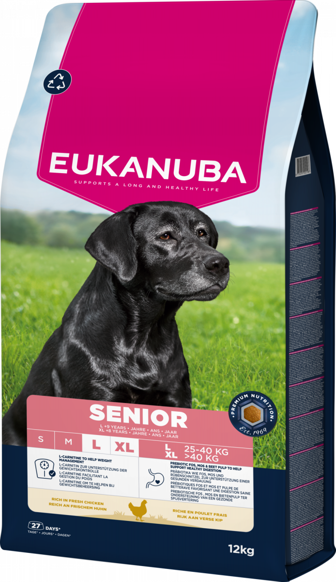 Verpakking van Eukanuba Life Care Senior Large Hondenvoer Kip 12 kg