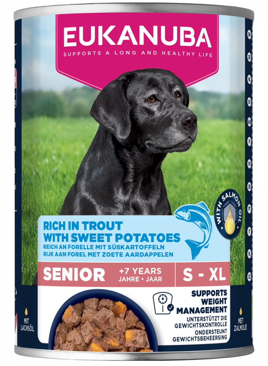 Blik Eukanuba Life Care Senior natvoer forel en zoete aardappelen 400 g