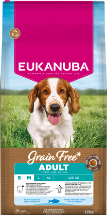 Verpakking Eukanuba Grain Free Adult Small/Medium Ocean Fish Hondenvoer 12 kg