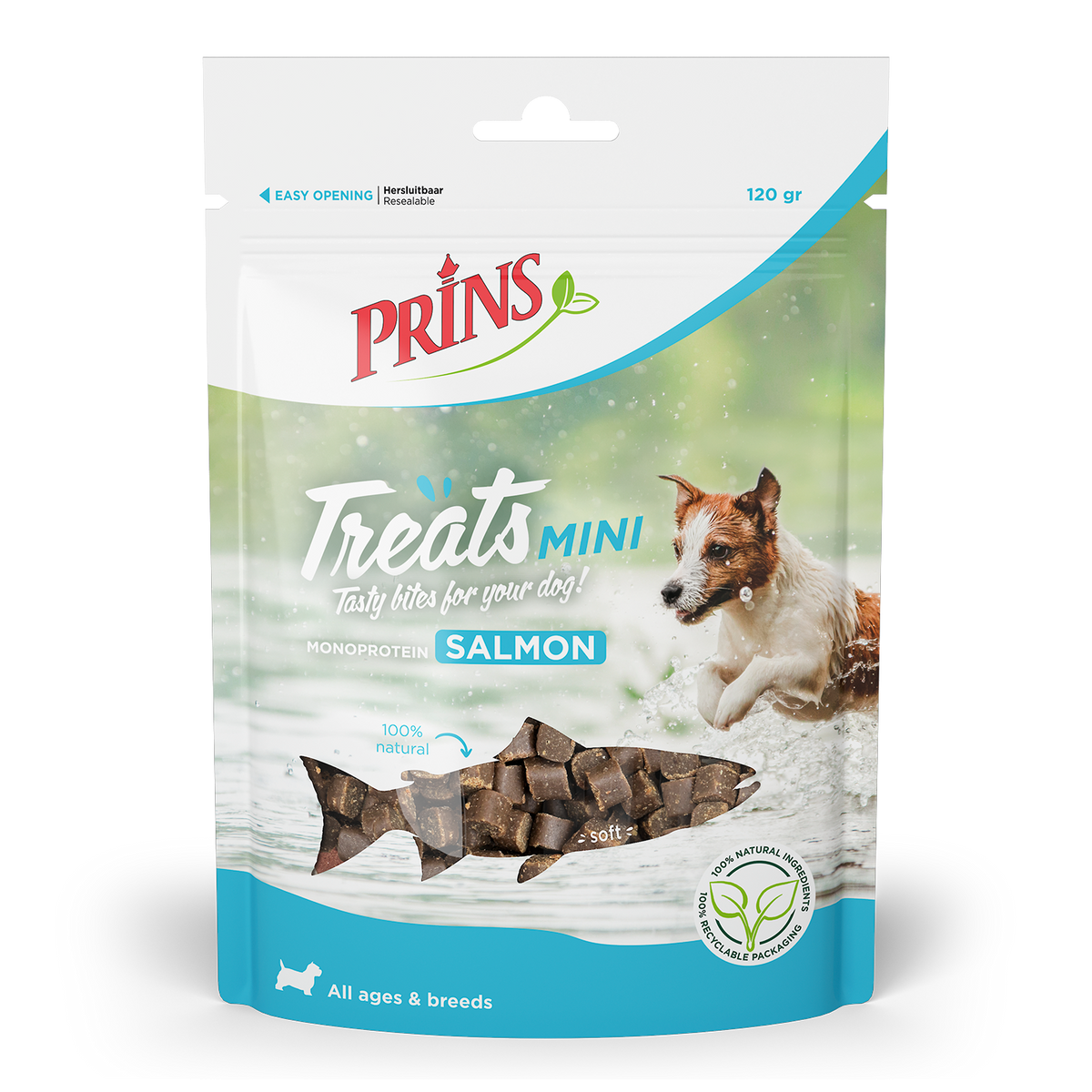 Verpakking Prins Treats Zalm Mini hondensnack, 120 g