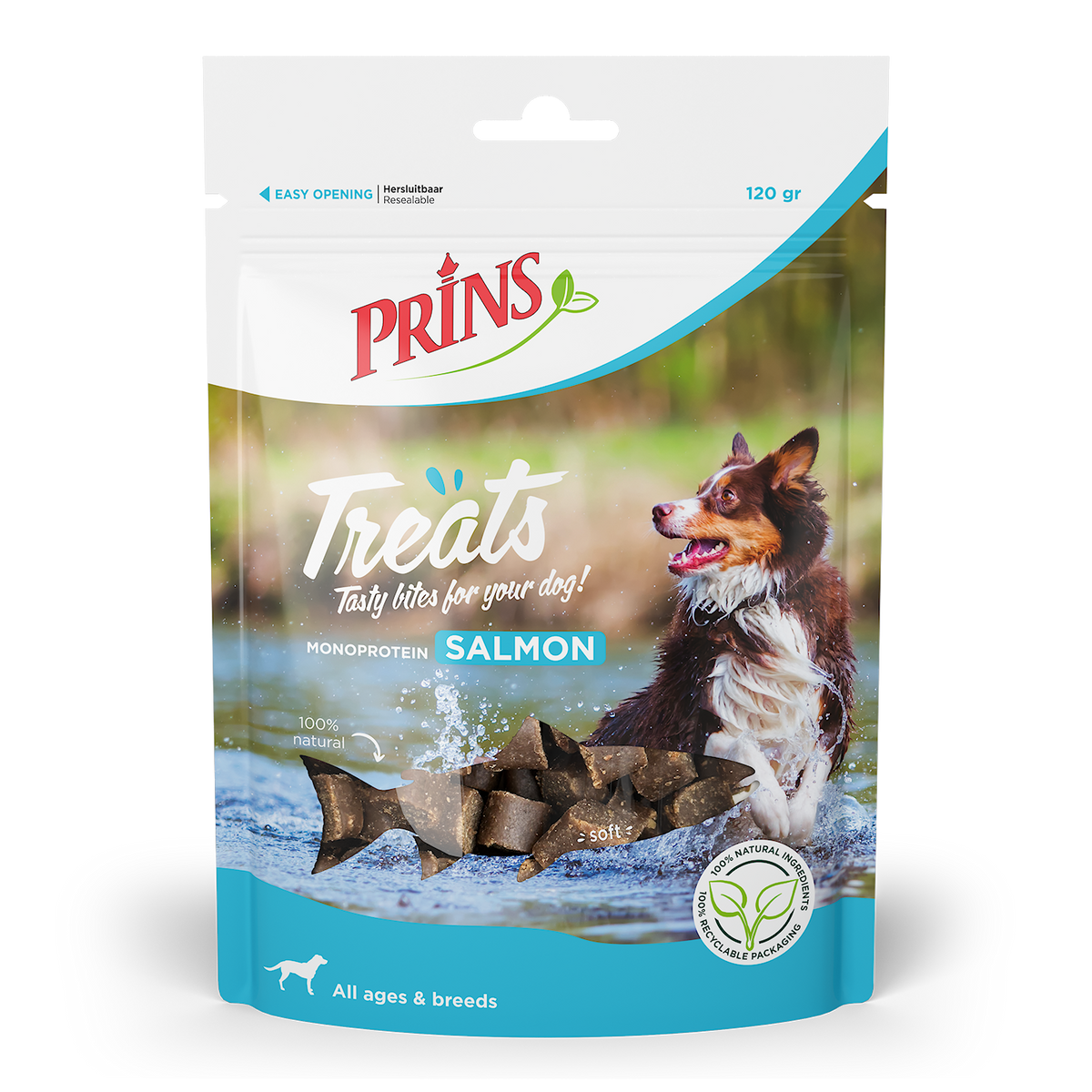 Verpakking Prins Treats Zalm hondensnack, 120 g