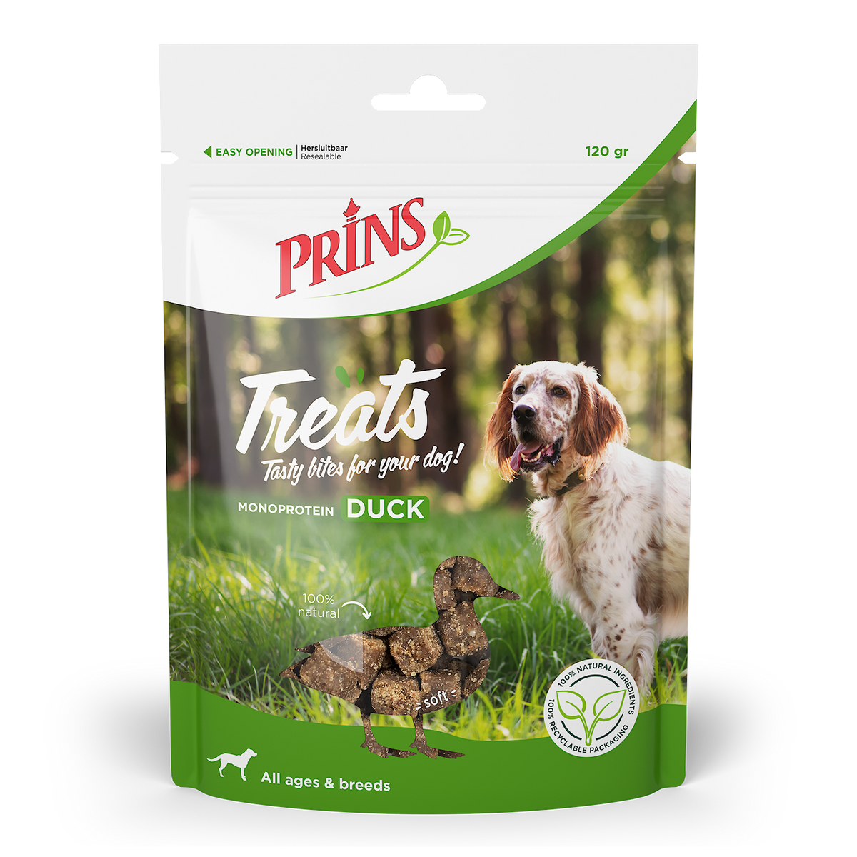 Verpakking Prins Treats Eend hondensnack, 120 g