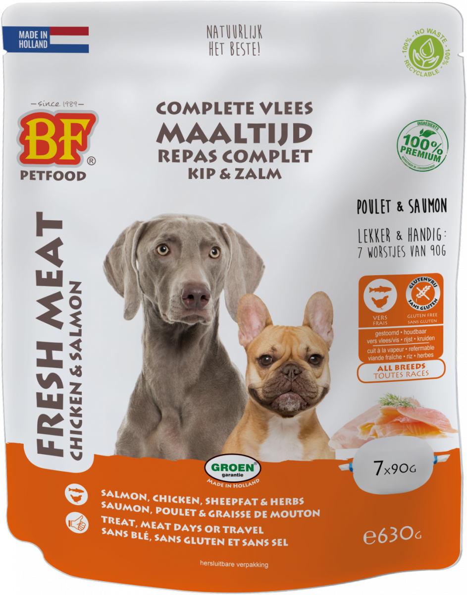 Verpakking Biofood vleesvoeding compleet kip&zalm zak 7x90 g