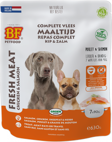 Verpakking Biofood vleesvoeding compleet kip&zalm zak 7x90 g