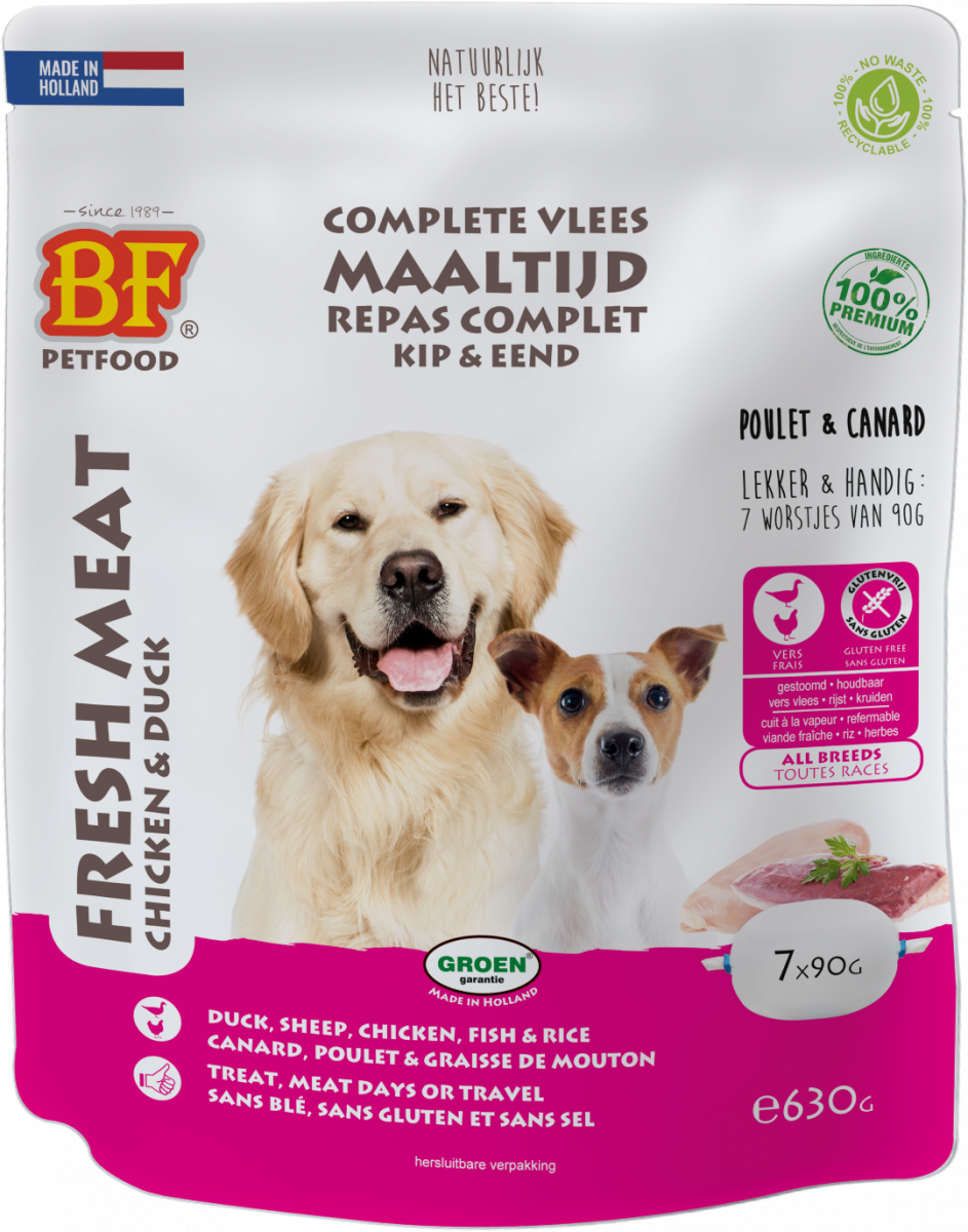 Verpakking Biofood vleesvoeding compleet kip&eend zak 7x90 g