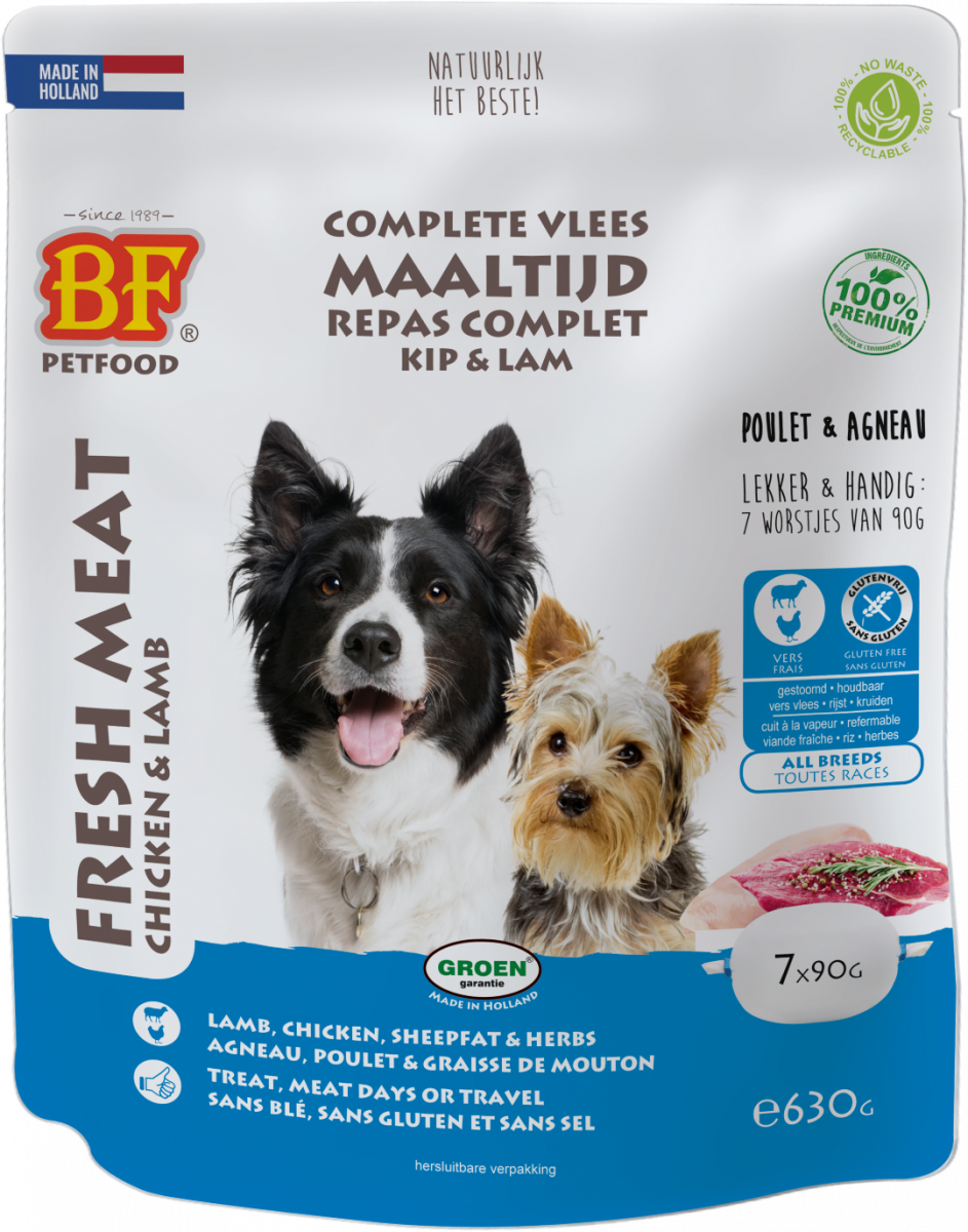 Verpakking Biofood vleesvoeding compleet kip&lam zak 7x90 g