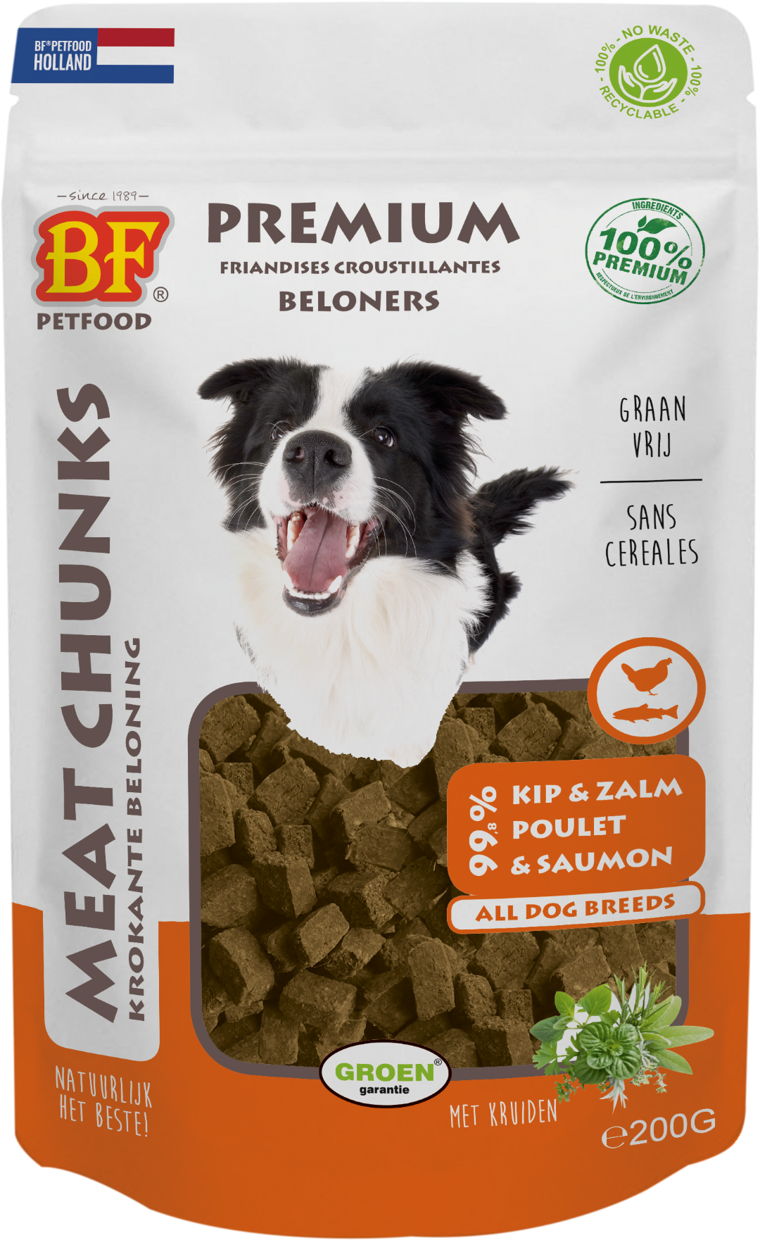 Verpakking Biofood meat chunks kip&zalm (mix proteïne) 200 g