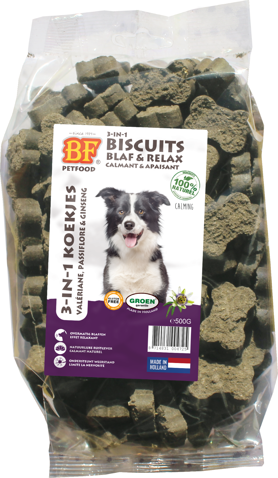 Verpakking Biofood 3in1 koekjes blaf&relax 500 g