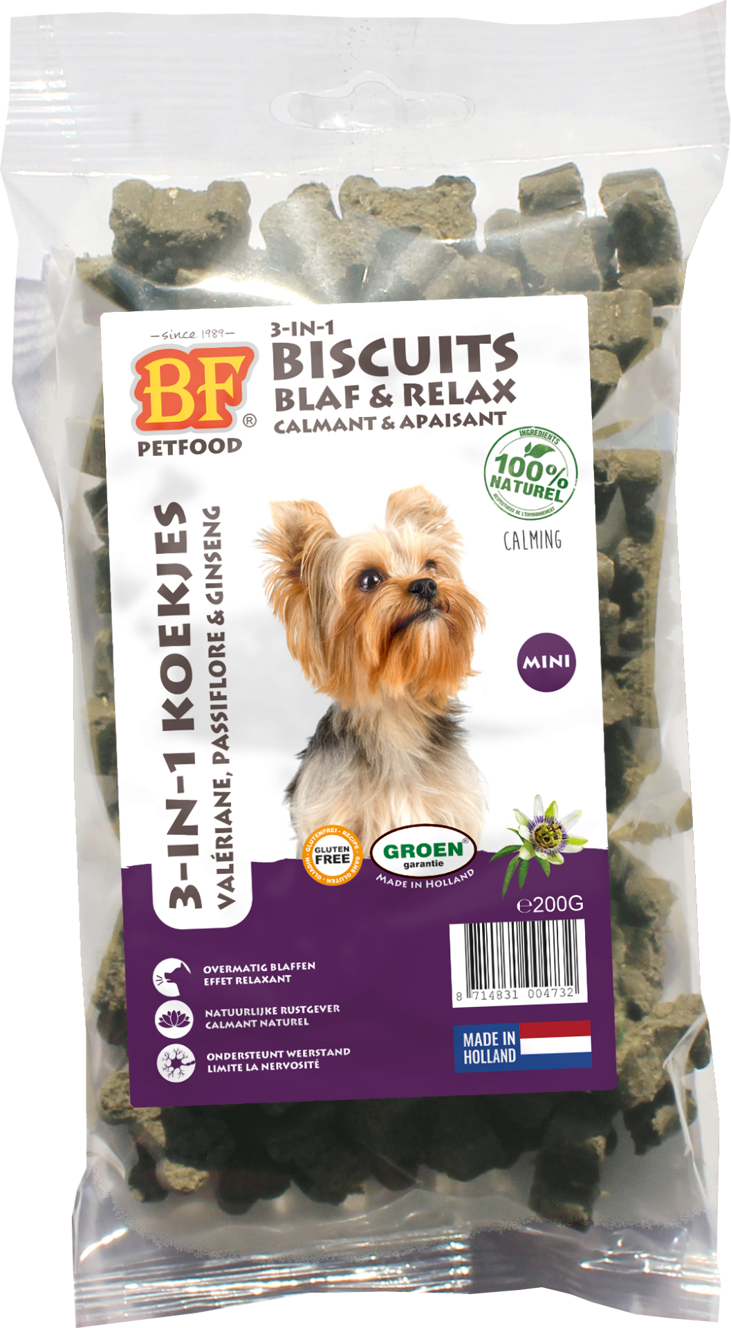 Verpakking Biofood 3in1 koekjes blaf&relax mini 200 g