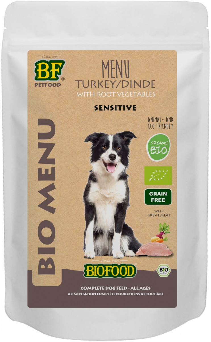 Verpakking Biofood Organic hond kalkoen menu pouch 150 g