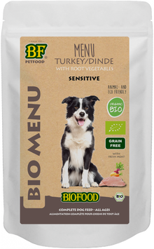 Verpakking Biofood Organic hond kalkoen menu pouch 150 g