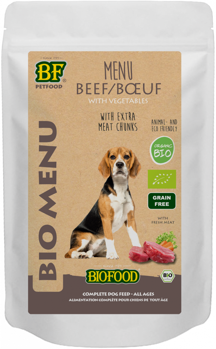 Verpakking Biofood Organic hond rund menu pouch 150 g