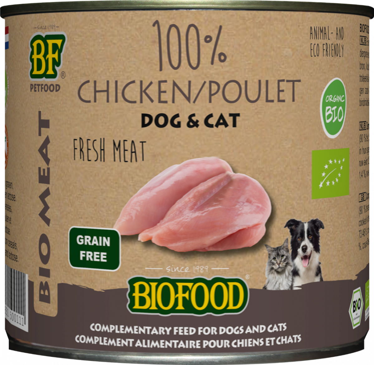 Verpakking Biofood Organic hond&kat 100% kippenvlees blik 200 g