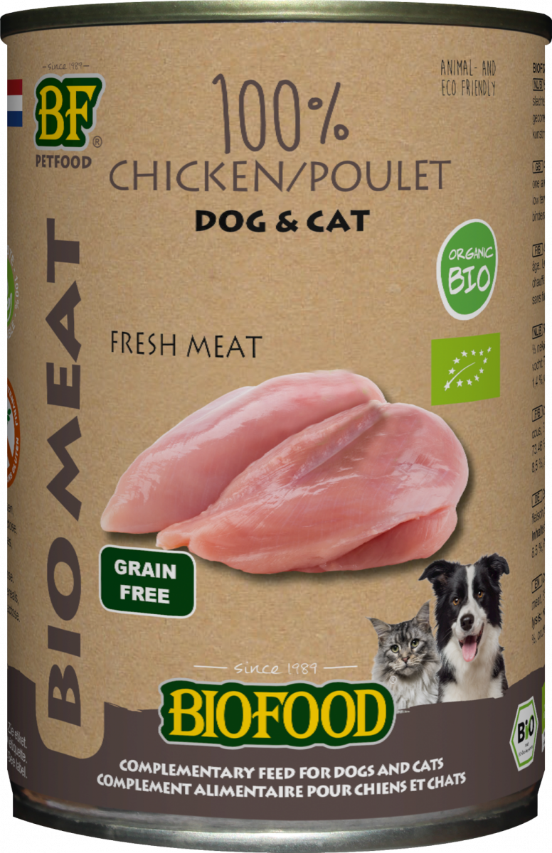 Verpakking Biofood Organic hond&kat 100% kippenvlees blik 400 g