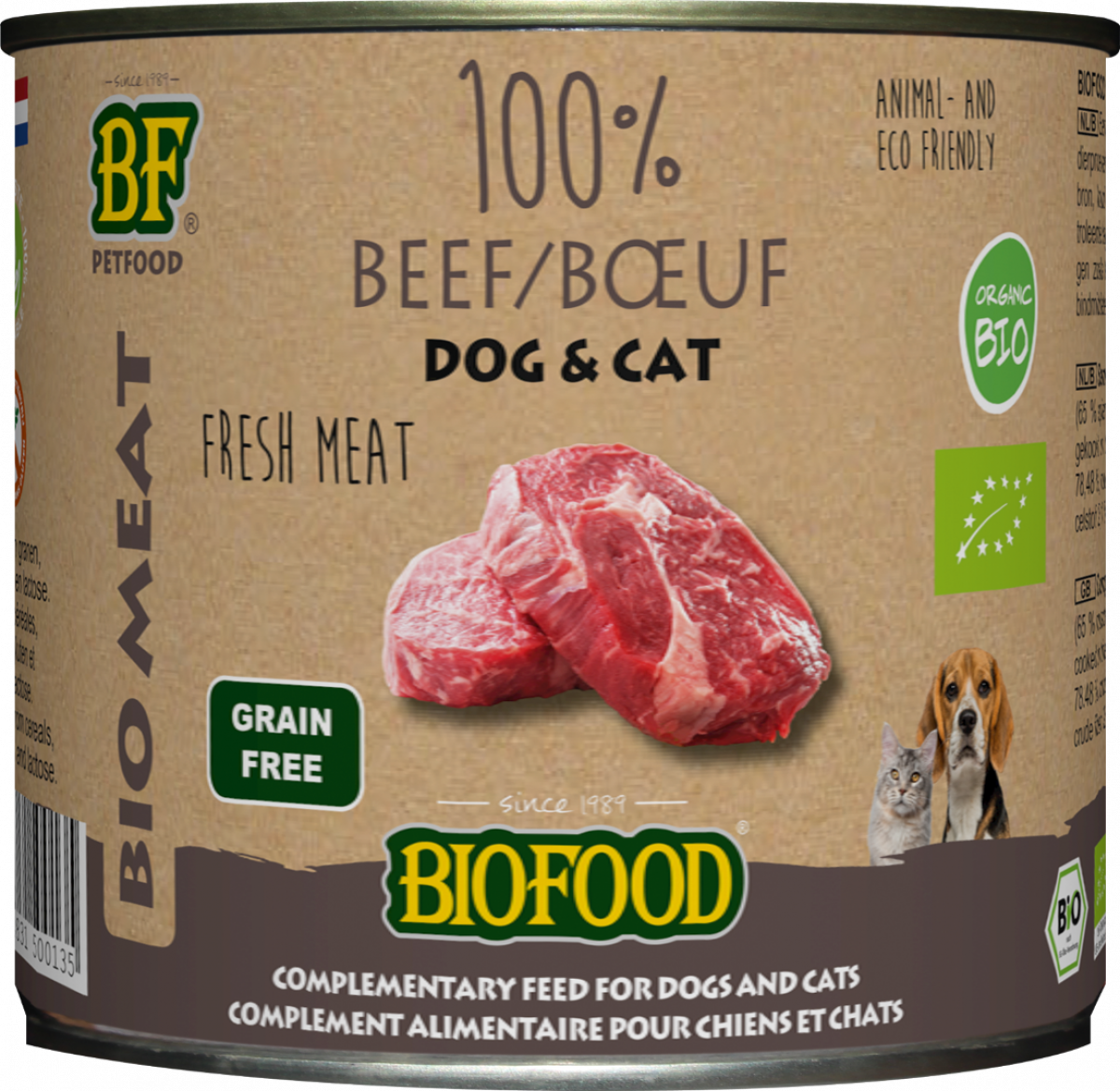 Verpakking Biofood Organic hond&kat 100% rundvlees blik 200 g