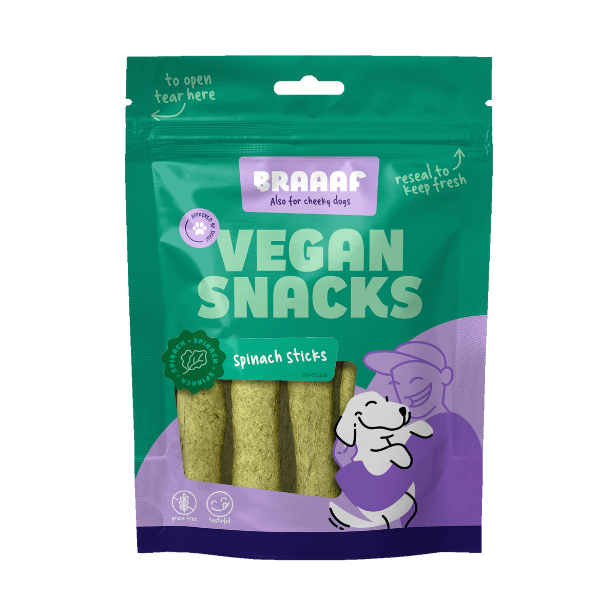 Braaaf Vegan Spinaziestick 12 cm 80 g – Braaaf hondensnack verpakking