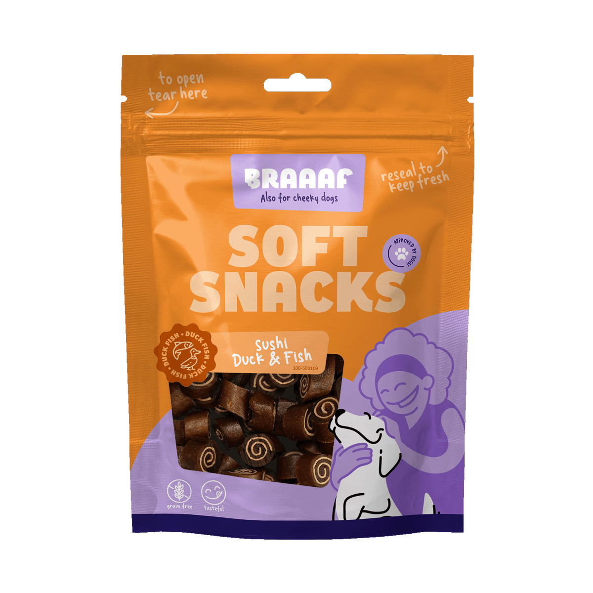 Braaaf Eend & Vis Sushi 85 g – Braaaf hondensnack verpakking