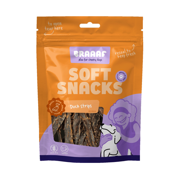 Braaaf Eendenreepjes 85 g – Braaaf hondensnack verpakking