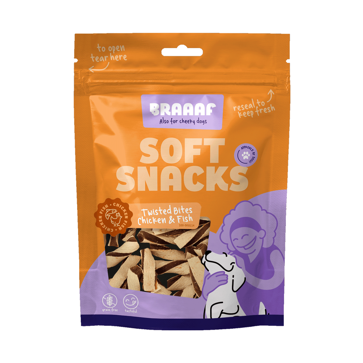 Braaaf Kip & Vis Gedraaide Bites 85 g – Braaaf hondensnack verpakking