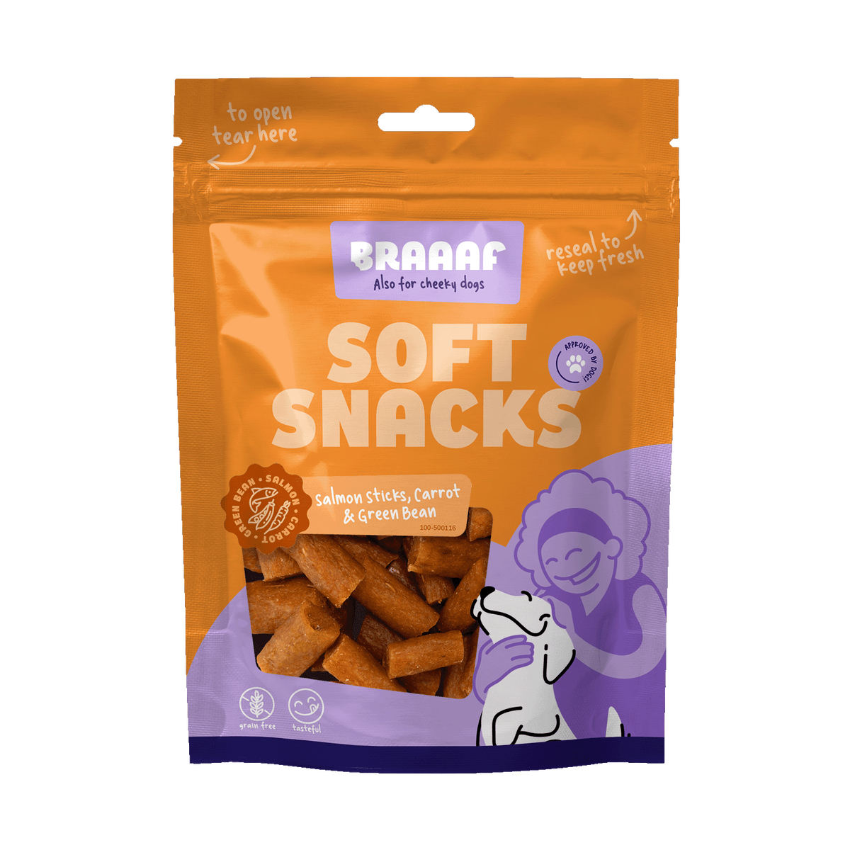 Braaaf Soft Zalmstick Wortel & Sperzieboon 85 g – Braaaf hondensnack verpakking